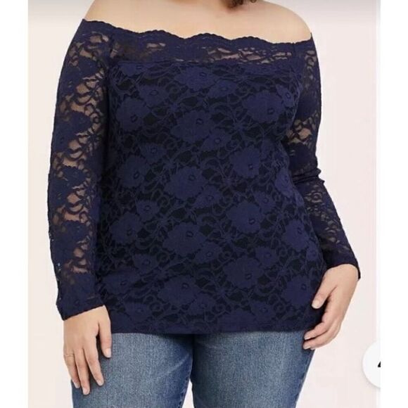 Torrid Lace L/S Top Off-Shoulder Partly Lined Scalloped Neck Navy Blue Sz 2 (2X) - Picture 1 of 9